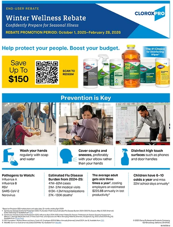 Front cover of the Winter Wellness Rebate pdf featuring QR code and image of people cleaning