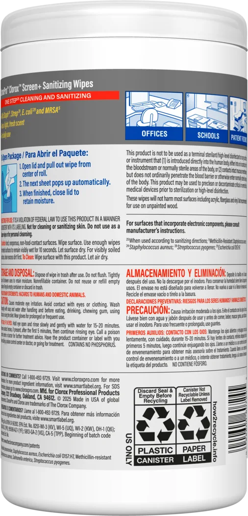 Back of a canister of Clorox Screen Wipes showing directions and warnings