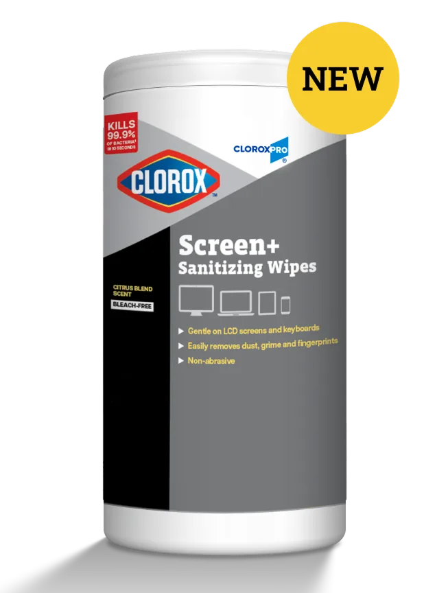 Screen Wipes canister with a yellow circle with the word "New" inside